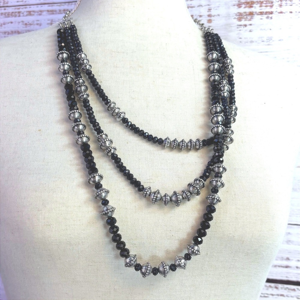 Shyanne Triple Strand Necklace Black Silvertone Beaded Western Boho Goth Cowgirl